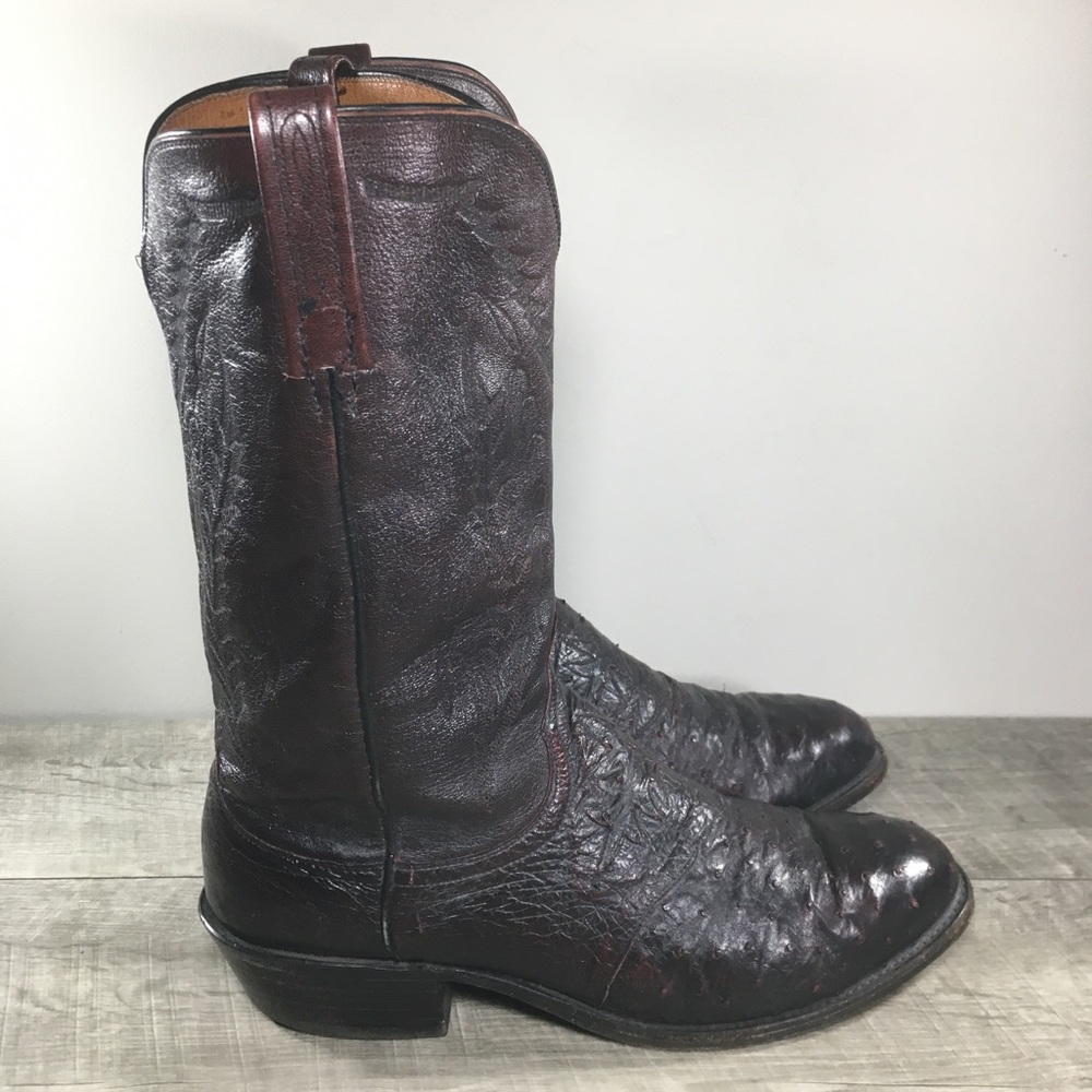 Lucchese 1883 N1014R4 Men’s Western Black Cherry Ostrich Leather Cowboy Boots 12
